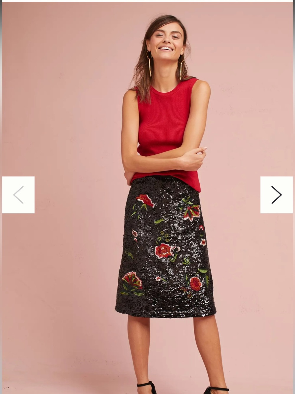 Maeve Black Sequin Midi Skirt with Red & Green Floral Embroidery